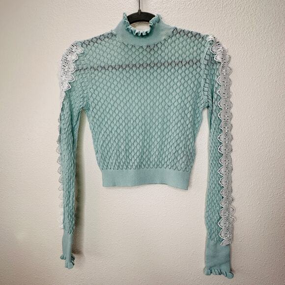 ZARA Aqua Crochet Knit White Lace Stripe Ruffle Neck Crop Sweater S - Picture 9 of 16